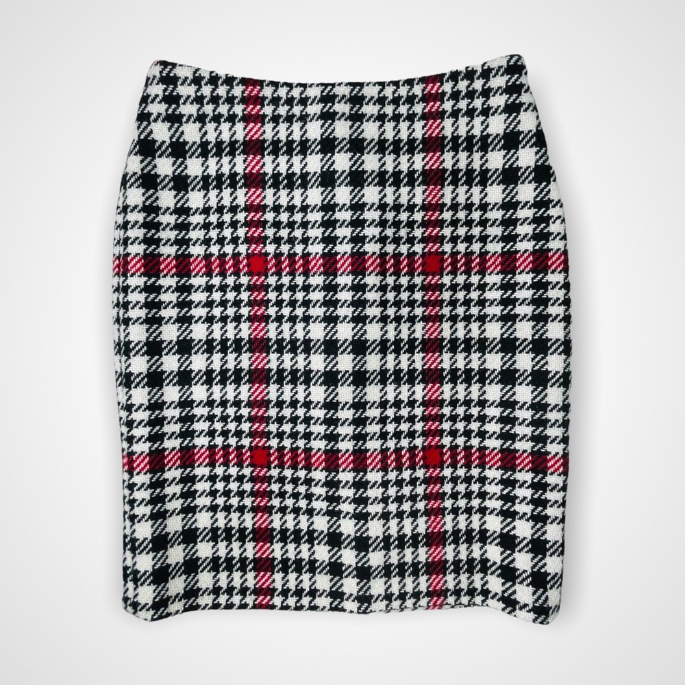 Talbots Black Red & White Houndstooth Plaid Wool Skirt Size 2P - Picture 2 of 9